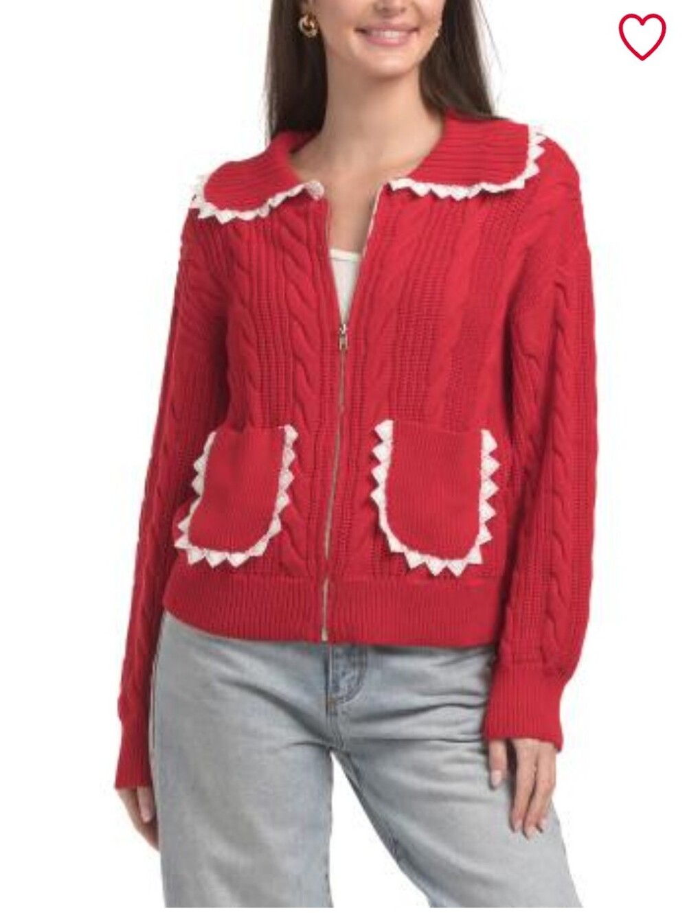 New!Red Zip-Front Cable Knit Sweater Lace Trim Holiday Christmas Y2K Cottagecore